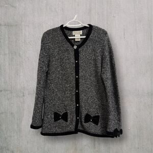 Vtg Mandal Bay Black Gray Cardigan Sweater Women L Button Up Bow Details Chic